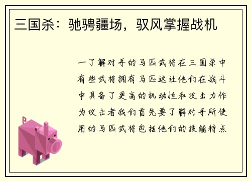 三国杀：驰骋疆场，驭风掌握战机